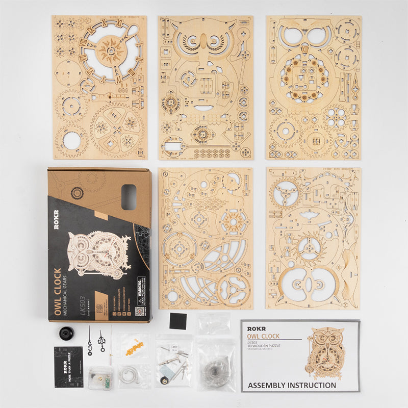 Maqueta de reloj mecánico de madera con forma de búho para montar en casa