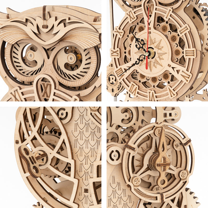 Maqueta de reloj mecánico de madera con forma de búho para montar en casa