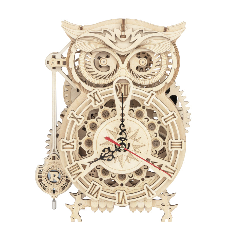 Maqueta de reloj mecánico de madera con forma de búho para montar en casa