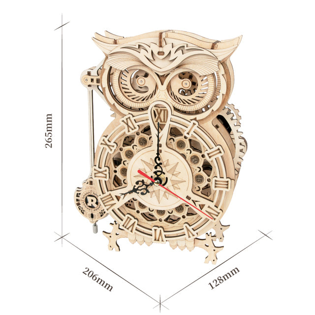 Maqueta de reloj mecánico de madera con forma de búho para montar en casa