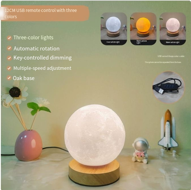 Lámpara de noche 3D con forma de luna y base de mad